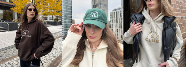 Three people wearing Companion Club branded hoodies and cap in urban settings.