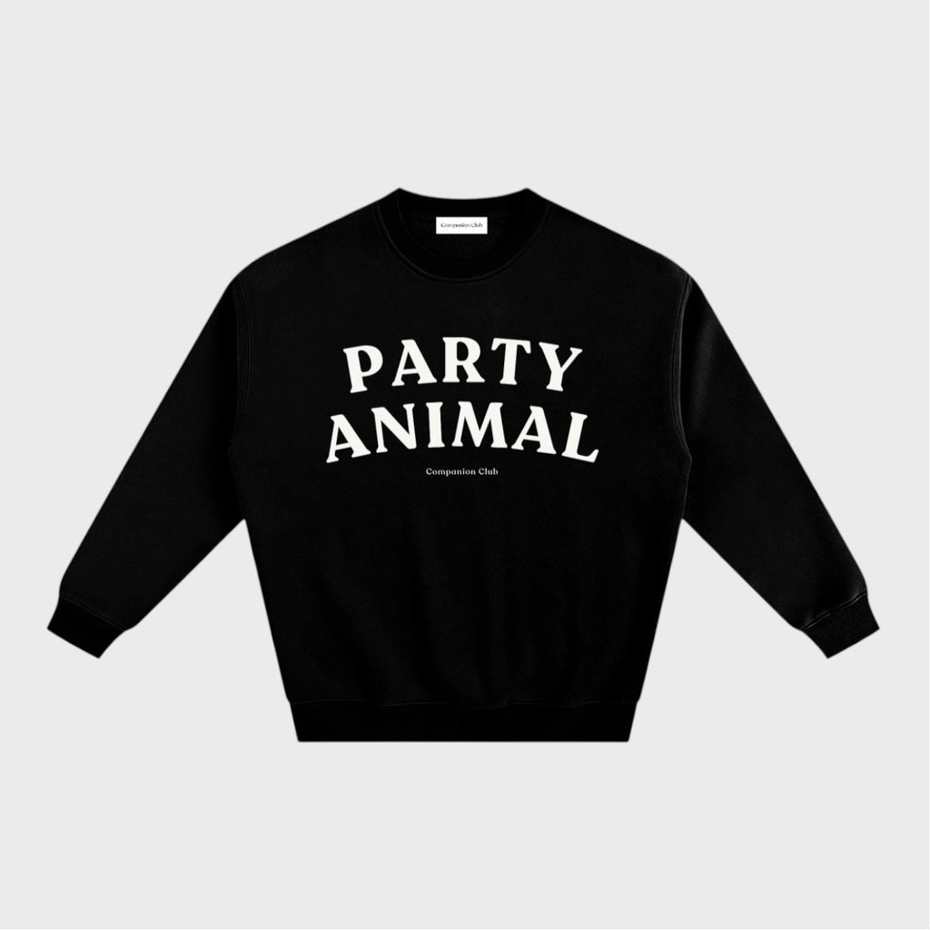 Party Animal Crewneck in black heavyweight fleece by Companion Club