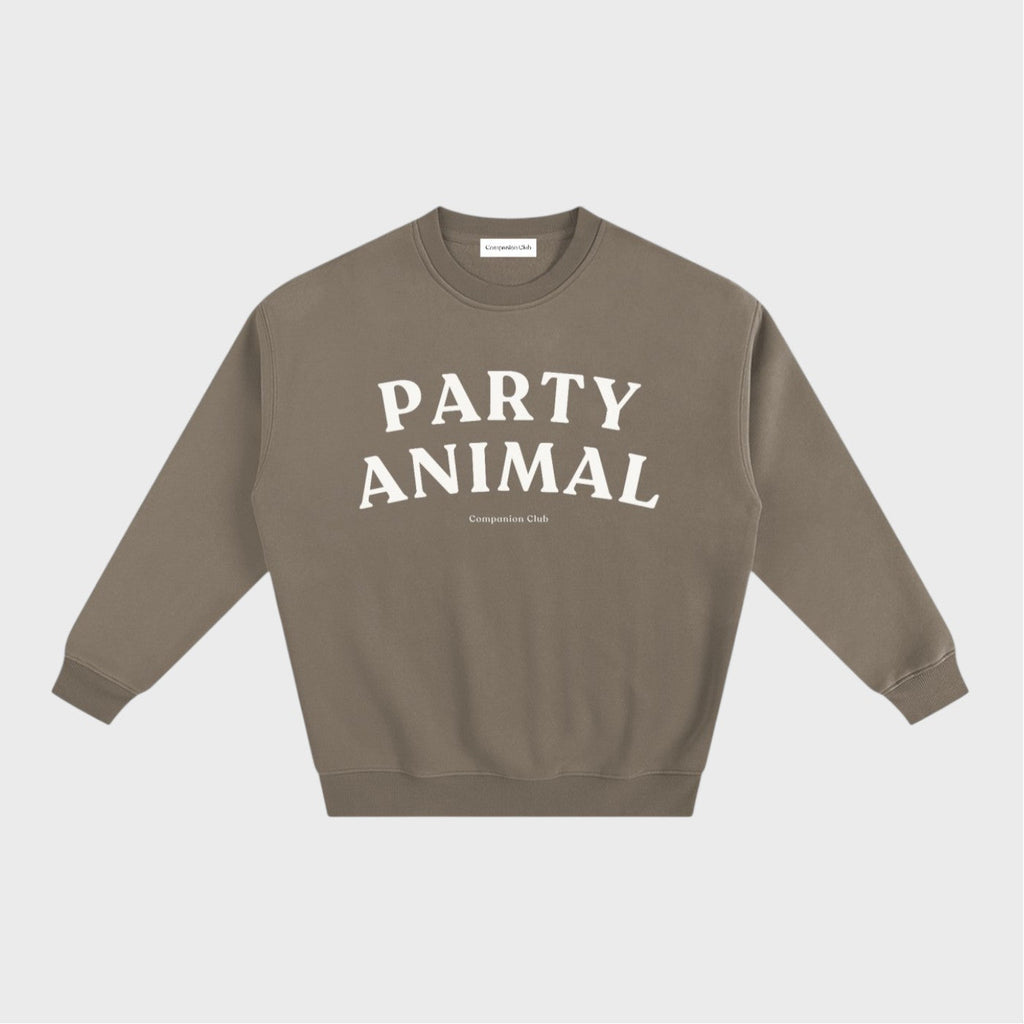 Party Animal Crewneck in gray coffee heavyweight fleece by Companion Club